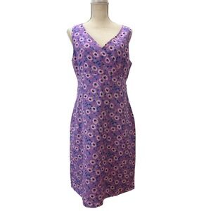 Vtg Basic Editions Linen Blend Floral Print Sheath Dress Attached Belt 14 (10)